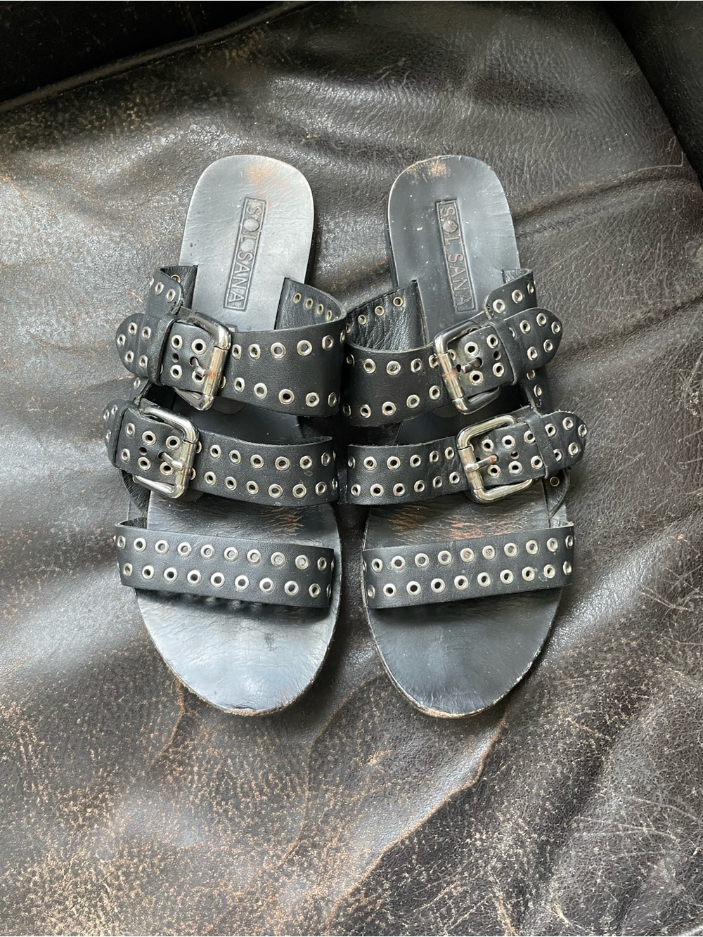 Sol Sana Black Triple-Strap Grommet Buckle Slide Sandals